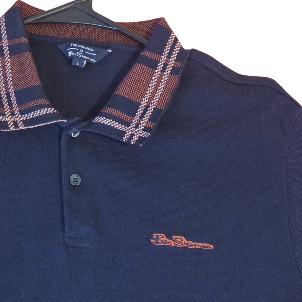 Ben Sherman Pique Polo Shirt Navy Blue with Tartan Plaid Design Collar sz L - Picture 7 of 11